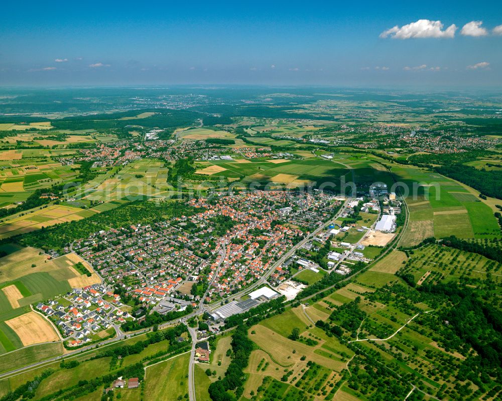 Nehren from above - City view from the outskirts with adjacent agricultural fields in Nehren in the state Baden-Wuerttemberg, Germany