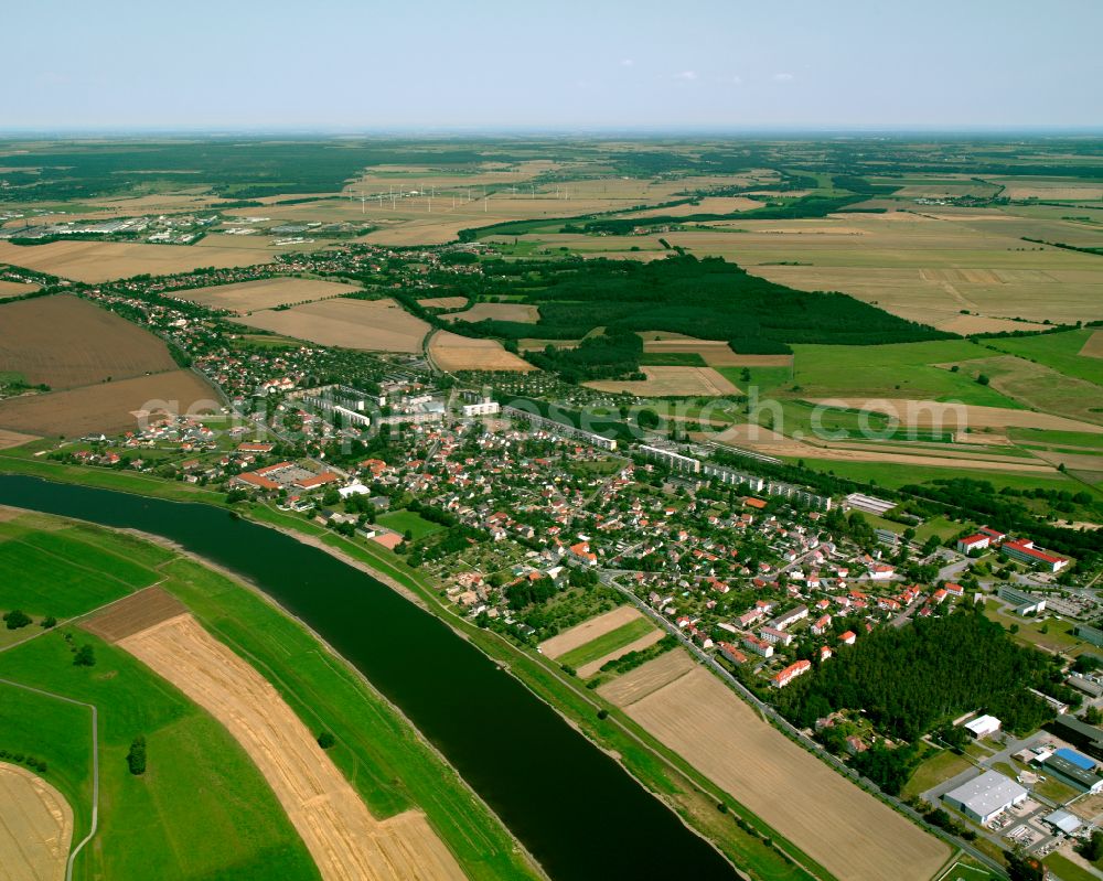 Nünchritz from above - City view from the outskirts with adjacent agricultural fields in Nünchritz in the state Saxony, Germany