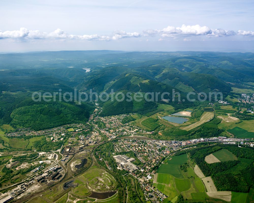 Oker from the bird's eye view: City view from the outskirts with adjacent agricultural fields in Oker in the state Lower Saxony, Germany