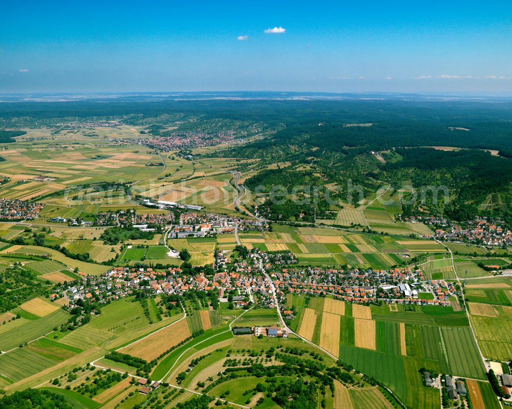 Pfäffingen from the bird's eye view: City view from the outskirts with adjacent agricultural fields in Pfäffingen in the state Baden-Wuerttemberg, Germany