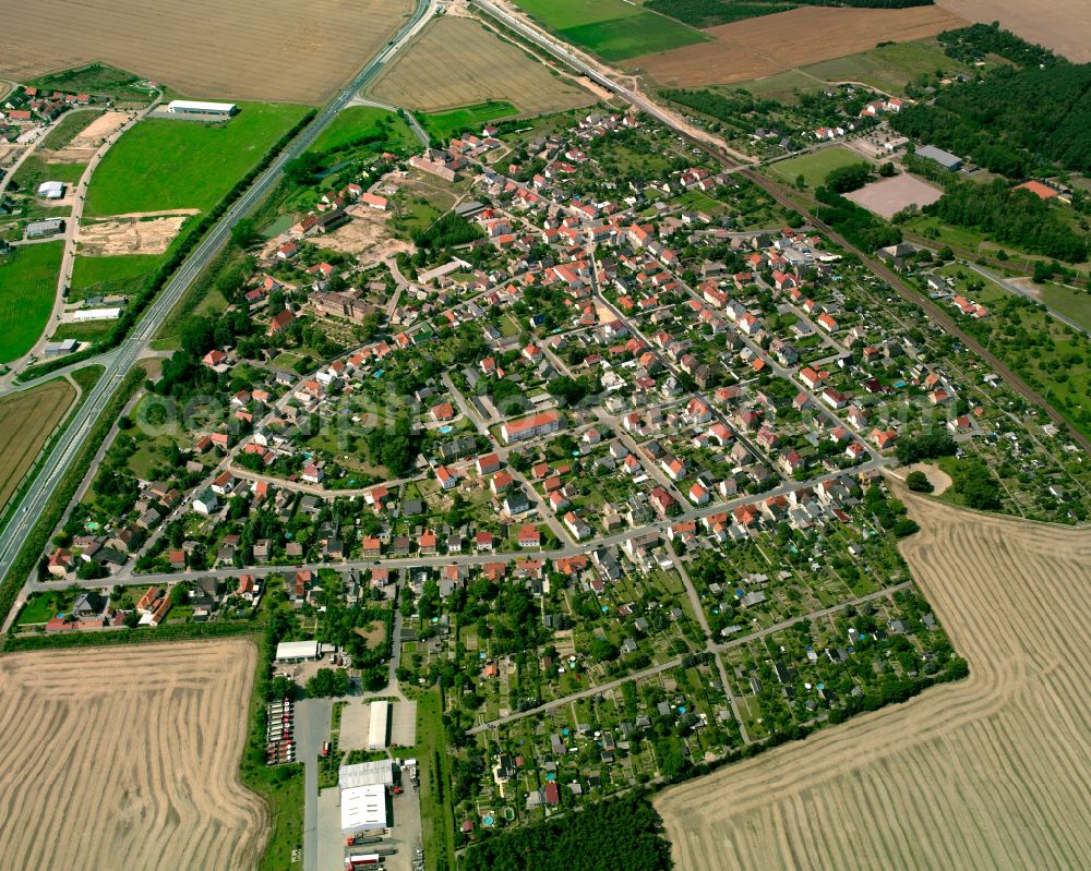 Röderau from the bird's eye view: City view from the outskirts with adjacent agricultural fields in Röderau in the state Saxony, Germany