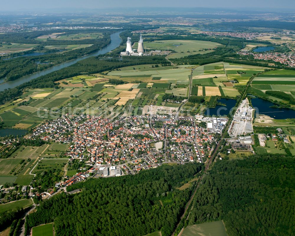 Aerial photograph Rheinsheim - City view from the outskirts with adjacent agricultural fields in Rheinsheim in the state Baden-Wuerttemberg, Germany