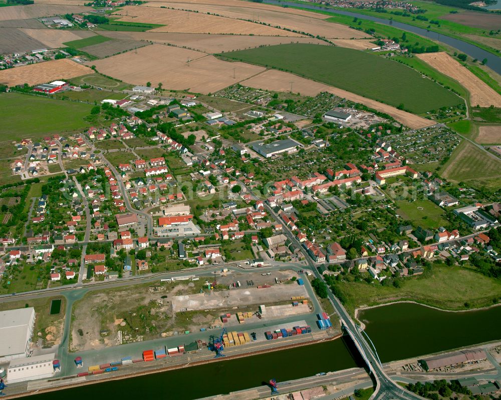 Riesa from above - City view from the outskirts with adjacent agricultural fields in Riesa in the state Saxony, Germany
