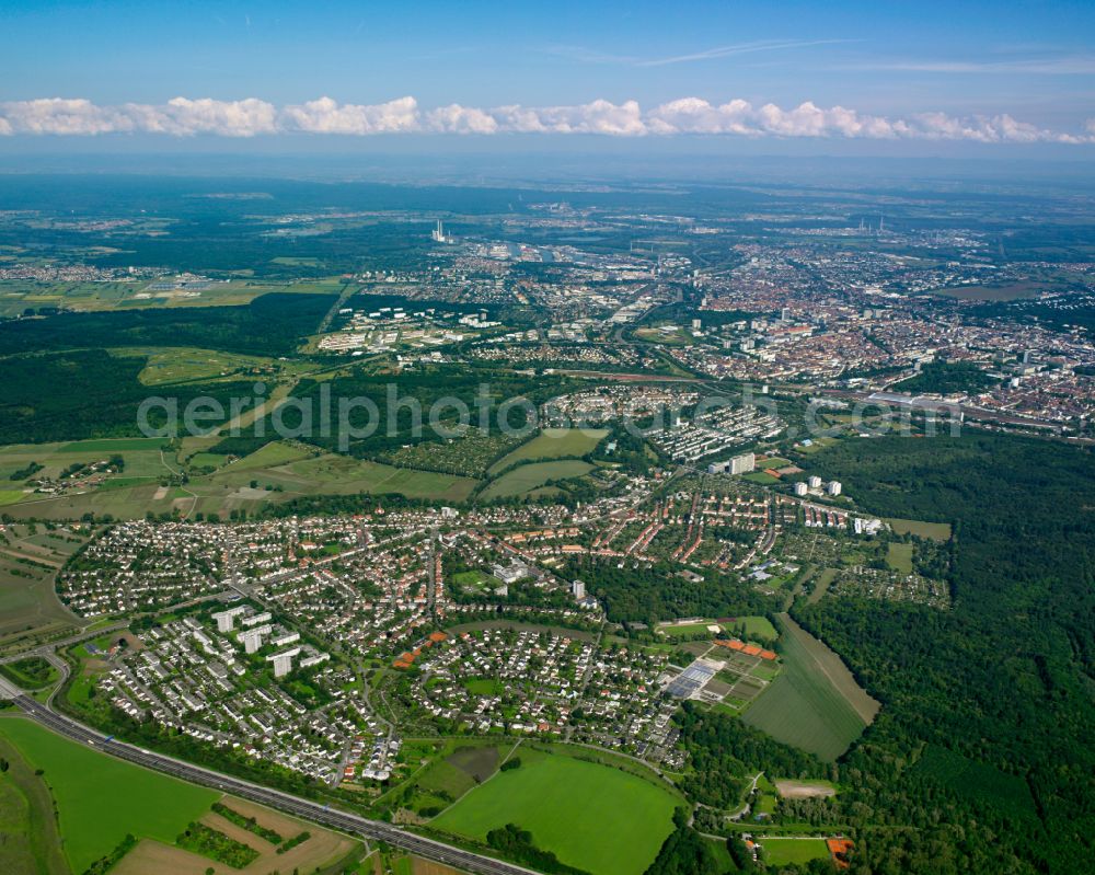 Rüppurr from the bird's eye view: City view from the outskirts with adjacent agricultural fields in Rüppurr in the state Baden-Wuerttemberg, Germany