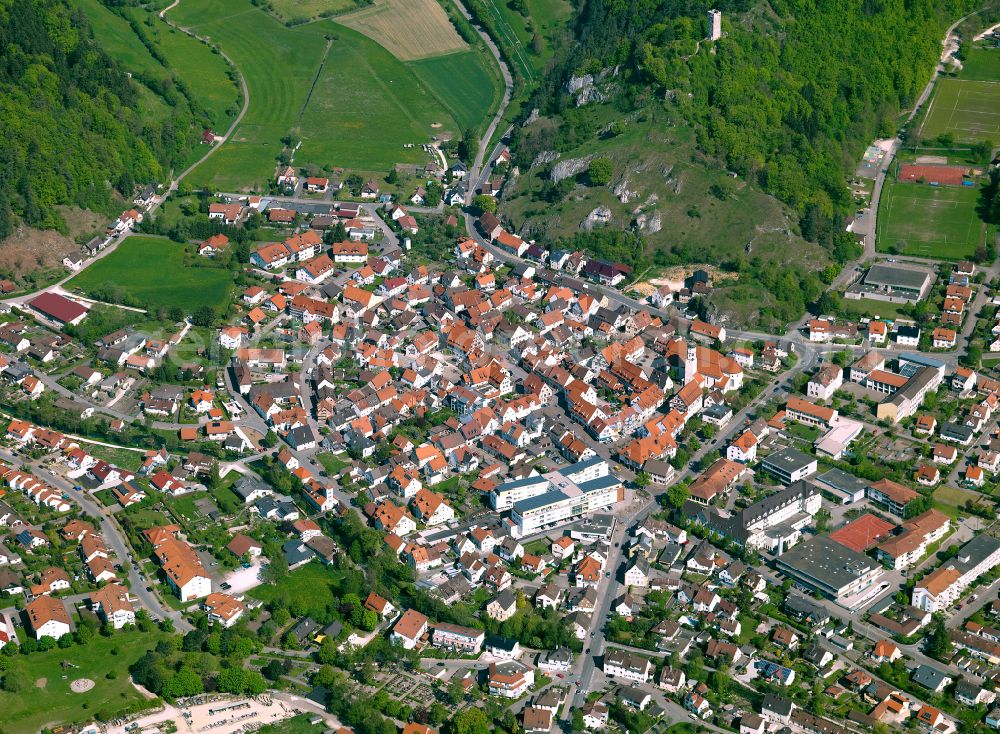 Schelklingen from above - City view from the outskirts with adjacent agricultural fields in Schelklingen in the state Baden-Wuerttemberg, Germany