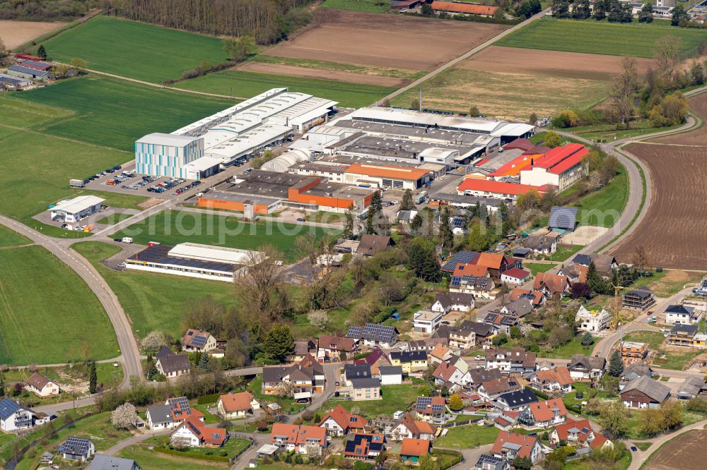 Schuttern from above - City view from the outskirts with adjacent agricultural fields in Schuttern in the state Baden-Wuerttemberg, Germany