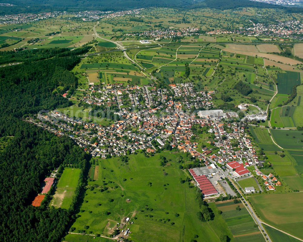 Stupferich from above - City view from the outskirts with adjacent agricultural fields in Stupferich in the state Baden-Wuerttemberg, Germany