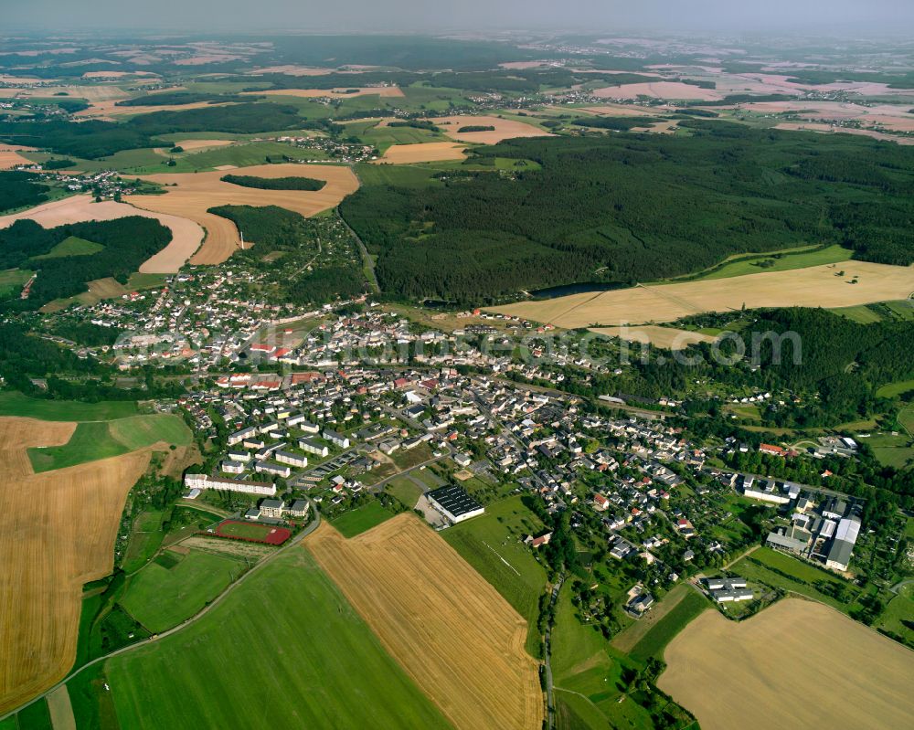 Aerial image Triebes - City view from the outskirts with adjacent agricultural fields in Triebes in the state Thuringia, Germany