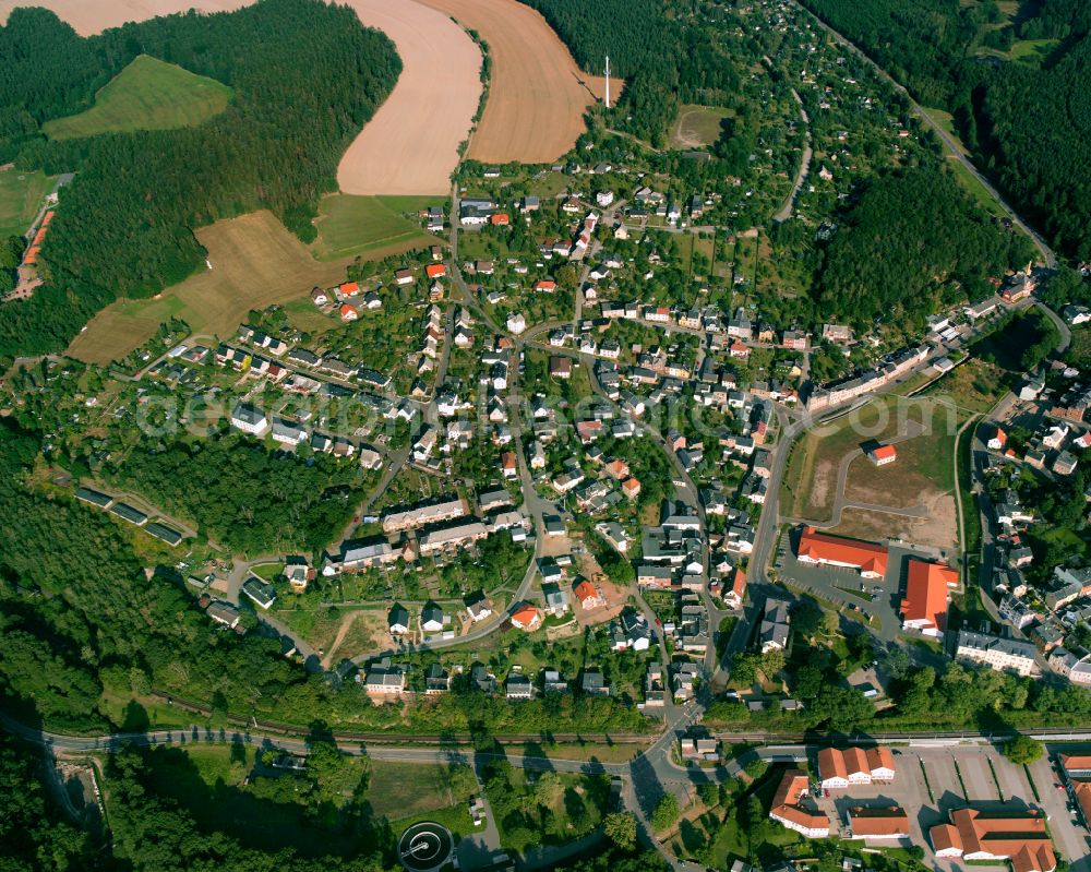 Triebes from above - City view from the outskirts with adjacent agricultural fields in Triebes in the state Thuringia, Germany