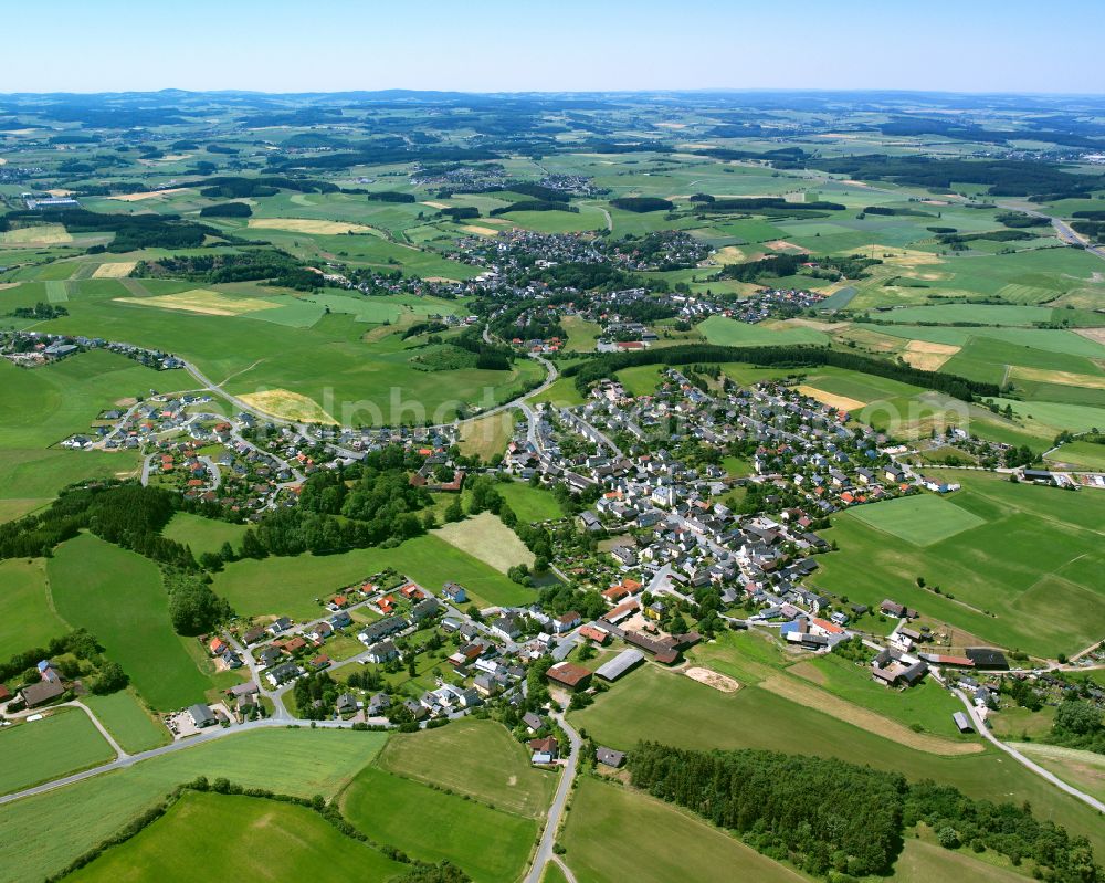 Trogen from the bird's eye view: City view from the outskirts with adjacent agricultural fields in Trogen in the state Bavaria, Germany