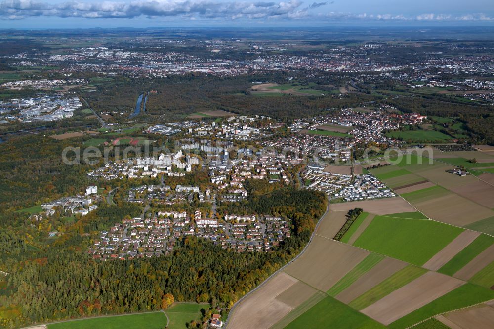 Ulm from above - City view from the outskirts with adjacent agricultural fields in Ulm in the state Baden-Wuerttemberg, Germany