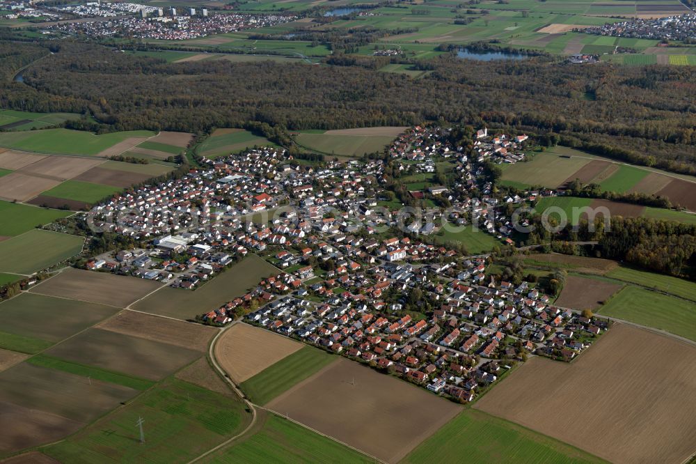 Unterkirchberg from the bird's eye view: City view from the outskirts with adjacent agricultural fields in Unterkirchberg in the state Baden-Wuerttemberg, Germany