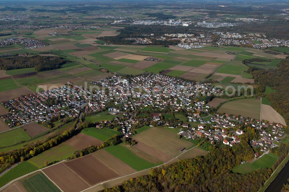 Unterkirchberg from above - City view from the outskirts with adjacent agricultural fields in Unterkirchberg in the state Baden-Wuerttemberg, Germany