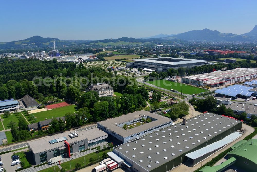 Aerial image Salzburg Walz-Siezenheim - Outskirts of Salzburg Castle Kleßheim, medium-sized industrial and Stadium Red Bull Arena in Salzburg, Austria