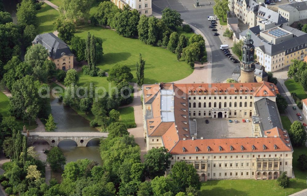 Weimar from above - View of the city palace nearby the park Ilmpark in the city center of Weimar in the state of Thuringia. The city palace is the seat of the Weimar Classics Foundation and functiones as a museum