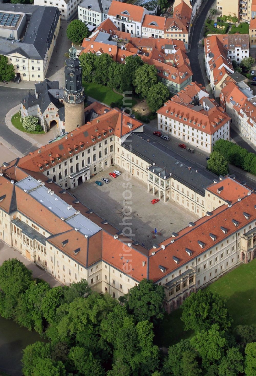 Weimar from the bird's eye view: View of the city palace nearby the park Ilmpark in the city center of Weimar in the state of Thuringia. The city palace is the seat of the Weimar Classics Foundation and functiones as a museum