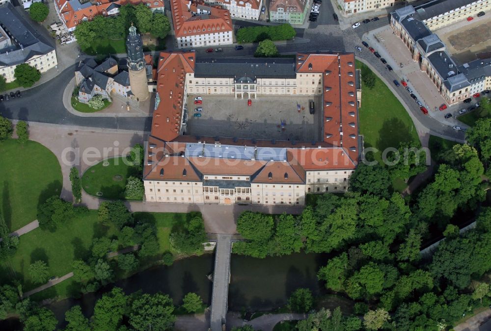 Aerial image Weimar - View of the city palace nearby the park Ilmpark in the city center of Weimar in the state of Thuringia. The city palace is the seat of the Weimar Classics Foundation and functiones as a museum