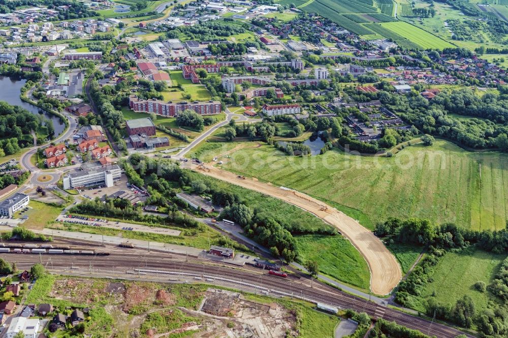 Aerial image Stade - City view of Altlaender Viertel in Stade with sand cushions for new road construction in the state Lower Saxony, Germany