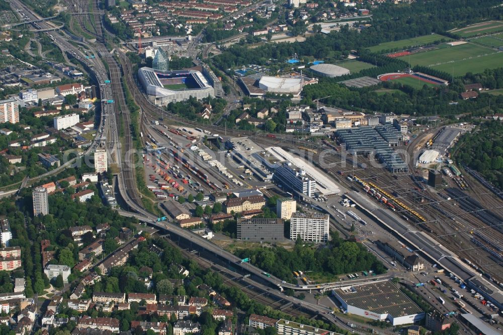 Basel from the bird's eye view: District St. Alban and sports area and stadium St. Jakob in the city in Basel, Switzerland