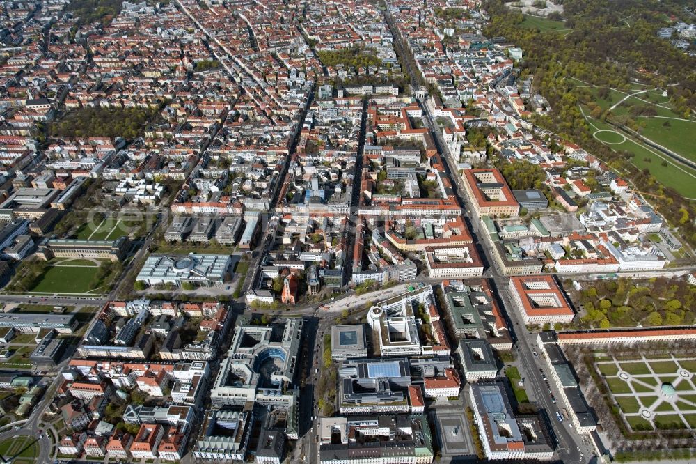 Aerial image München - Downtown area along Ludwigstrasse in the urban area in the district Maxvorstadt in Munich in the state Bavaria, Germany