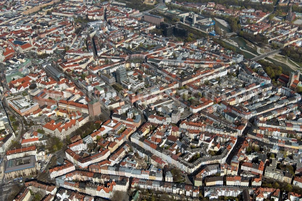 München from above - Downtown area in the urban area in the district of Ludwigsvorstadt-Isarvorstadt in Munich in the state Bavaria, Germany