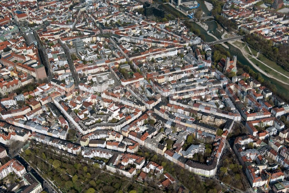 Aerial image München - Downtown area in the urban area in the district of Ludwigsvorstadt-Isarvorstadt in Munich in the state Bavaria, Germany