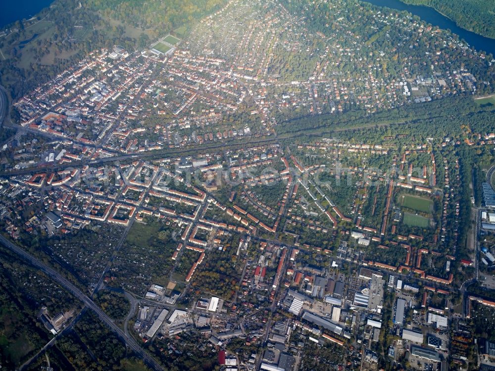 Potsdam from above - District Babelsberg with its park Babelsberg and the nearby lake Griebnitzsee in the city in Potsdam in the state Brandenburg