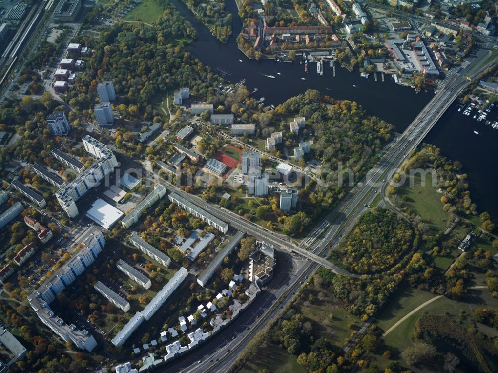 Potsdam from above - District Babelsberg with housing area at the Nuthestrasse in the city in Potsdam in the state Brandenburg