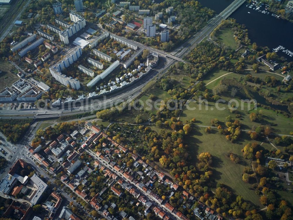 Potsdam from the bird's eye view: District Babelsberg with housing area at the Nuthestrasse in the city in Potsdam in the state Brandenburg