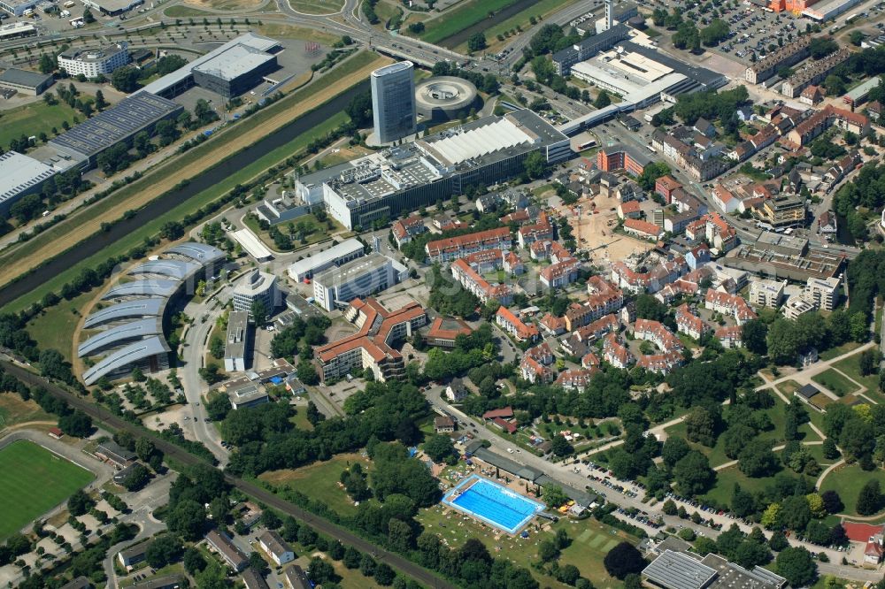 Offenburg from the bird's eye view: The Burda Publishing site and the exhibition grounds in Offenburg in the state Baden-Wuerttemberg