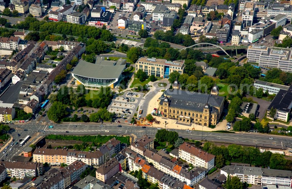 Wuppertal from above - District Elberfeld with the building of the Historische Stadthalle Wuppertal aswell as the indoor swimming pool Schwimmoper Wuppertal and nearby residential areas besides the roads Bahnhofstrasse and Suedstrasse in the city in Wuppertal in the state North Rhine-Westphalia