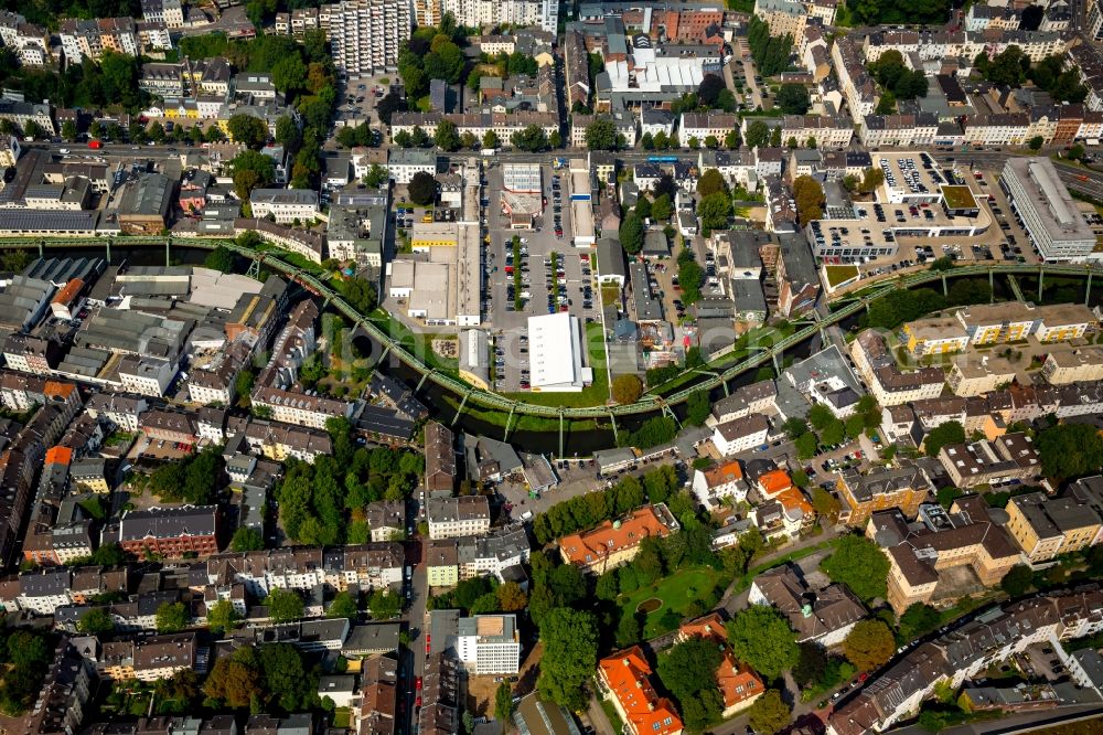 Aerial image Wuppertal - District Elberfeld-West an the steel construction of the Wuppertaler cable railway above the river Wupper besides the road Friedrich-Ebert Strasse in the city in Wuppertal in the state North Rhine-Westphalia