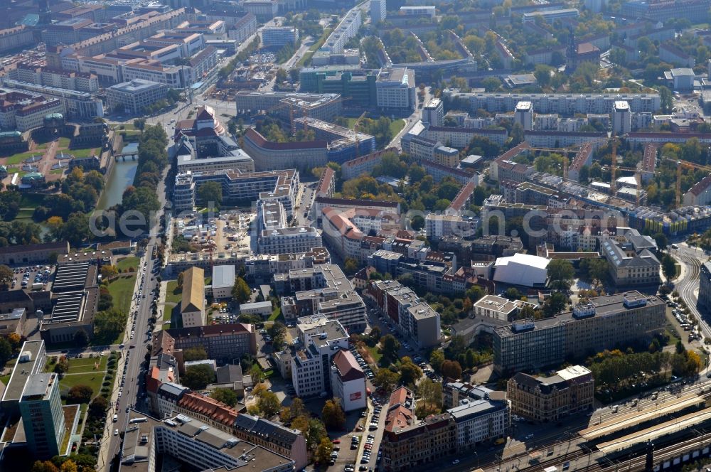 Dresden from the bird's eye view: District along the Ostra Allee in the city in the district Wilsdruffer Vorstadt in Dresden in the state Saxony, Germany