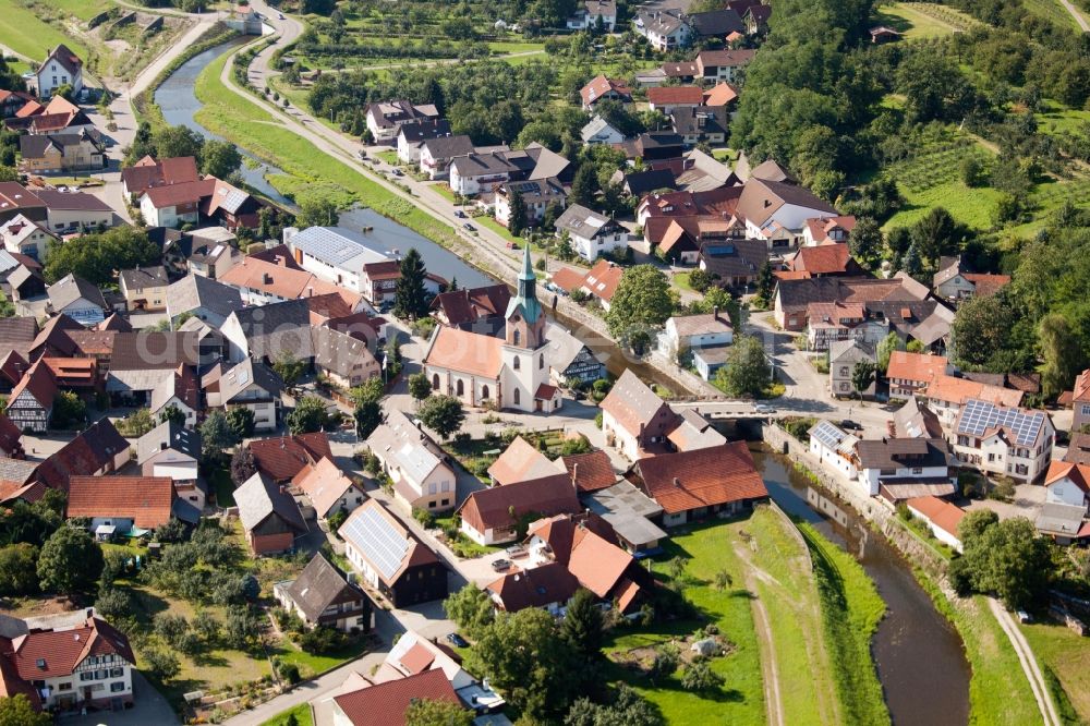 Aerial image Renchen - District Erlach with the catholic parish church saint Anastasius and holy Edith Stein in Renchen in the state Baden-Wuerttemberg