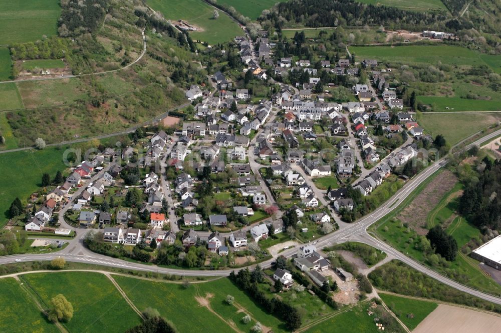 Trier Filsch from the bird's eye view: View of the residential area with family houses of Filsch. Filsch is the smallest district of Trier and is located on the outskirts. The district is surrounded by meadows, forests and hills. At the village lies along the road 144 L144. The district is located in Trier in Rhineland-Palatinate