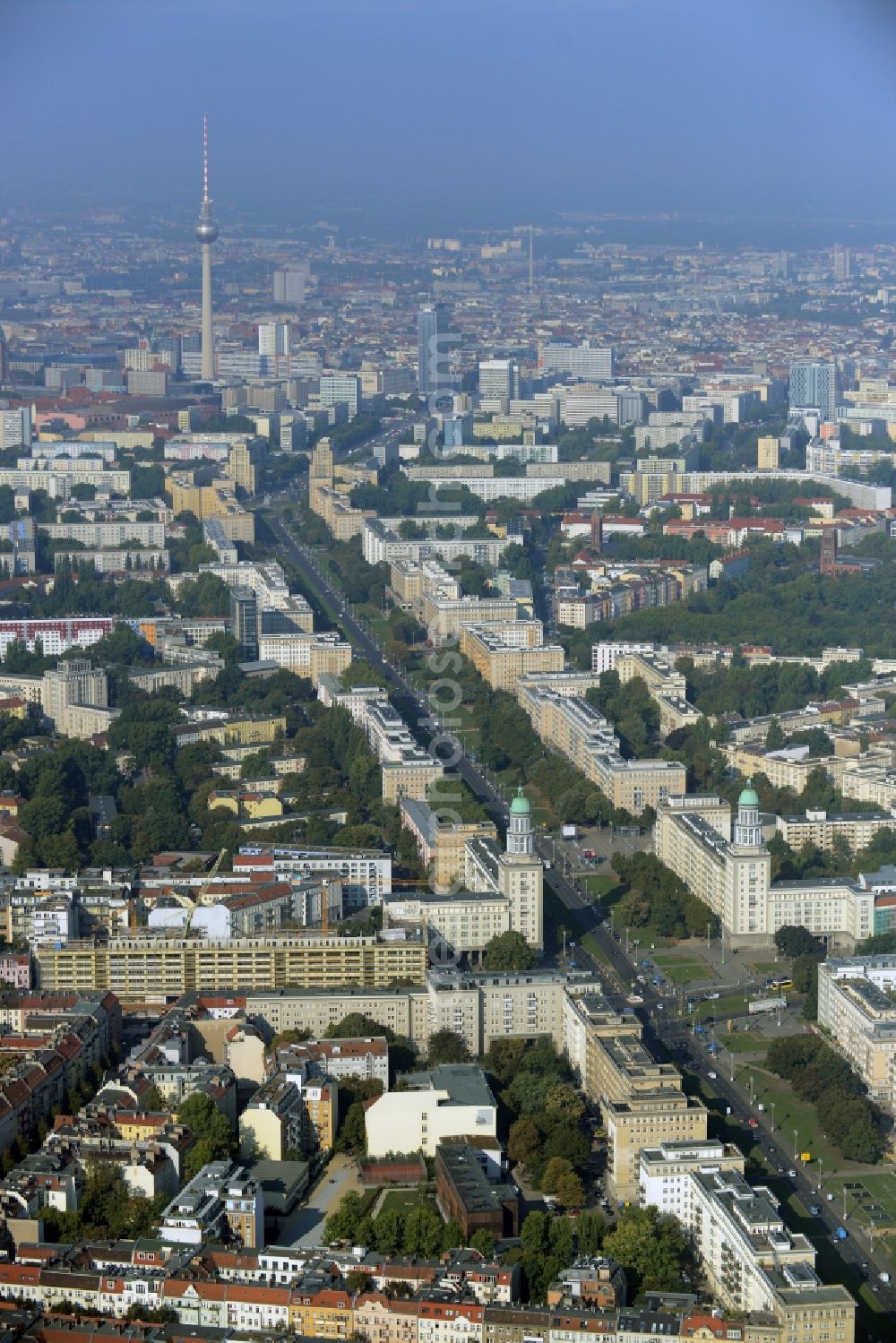 Berlin from above - District Friedrichshain residential area along of the Karl-Marx-Allee in the city in Berlin in Germany