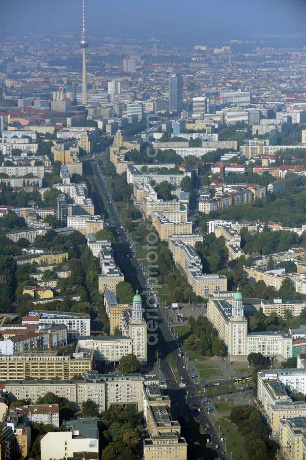 Berlin from the bird's eye view: District Friedrichshain residential area along of the Karl-Marx-Allee in the city in Berlin in Germany