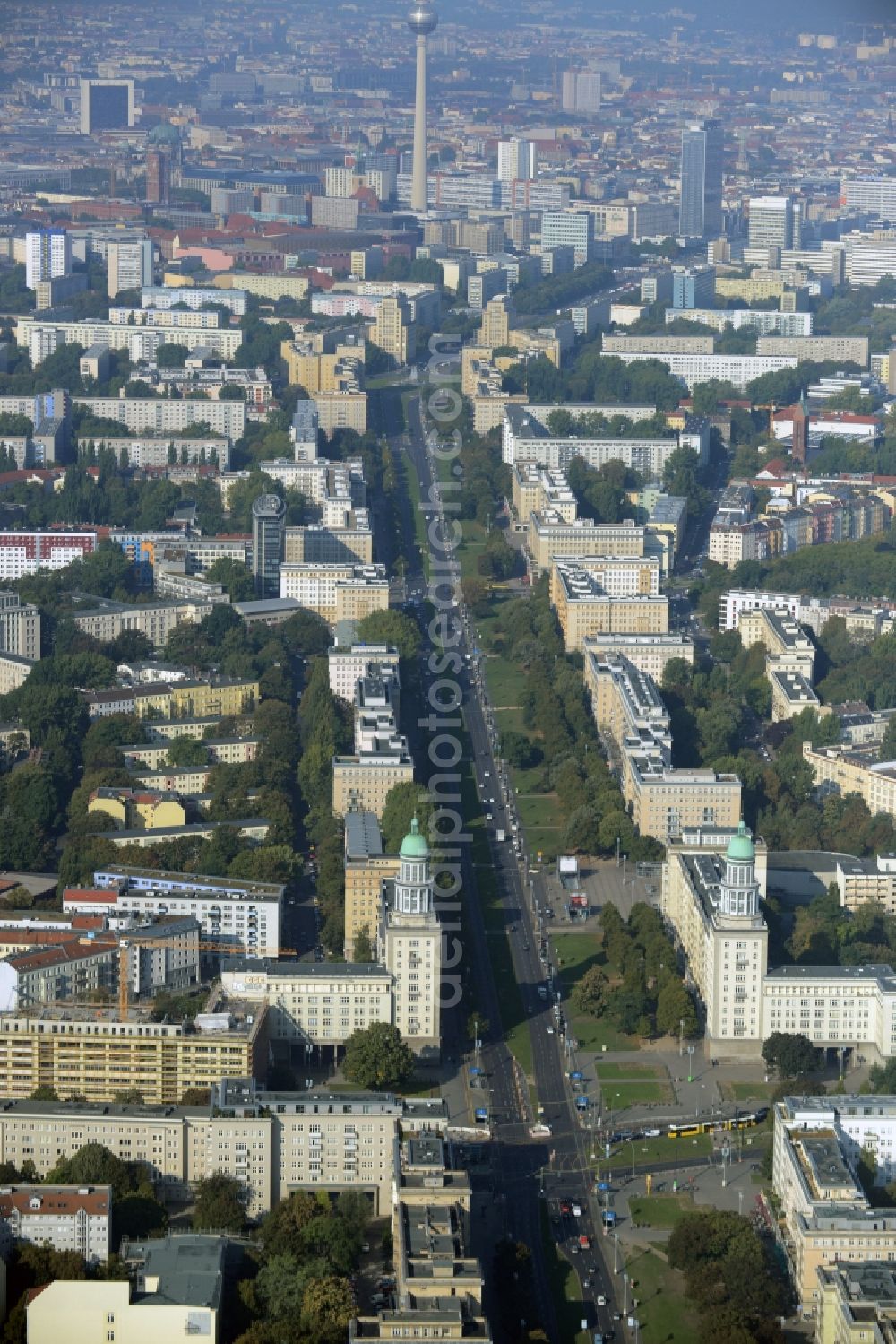 Berlin from above - District Friedrichshain residential area along of the Karl-Marx-Allee in the city in Berlin in Germany