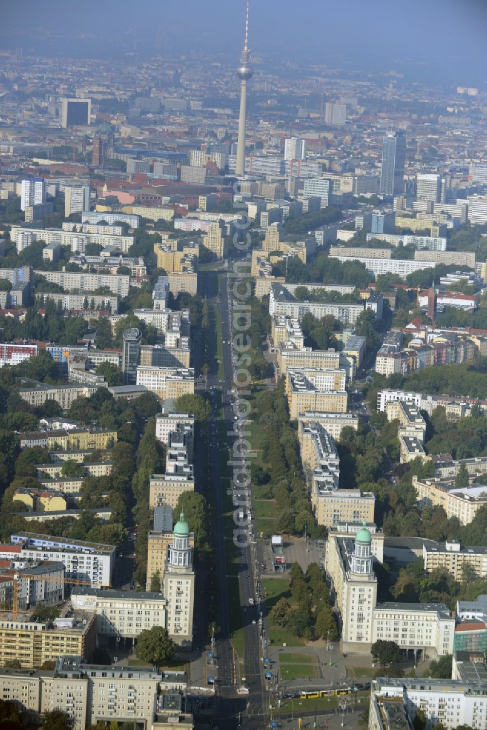 Berlin from the bird's eye view: District Friedrichshain residential area along of the Karl-Marx-Allee in the city in Berlin in Germany