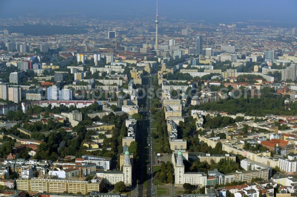 Aerial image Berlin - District Friedrichshain residential area along of the Karl-Marx-Allee in the city in Berlin in Germany