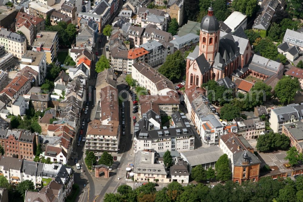 Aerial image Mainz - District on the Gaustrasse near the church building of St. Stephen's church in Mainz in Rhineland-Palatinate