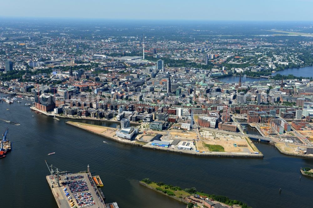 Aerial image Hamburg - HafenCity quarters on the riverbank of the river Elbe in Hamburg, Germany