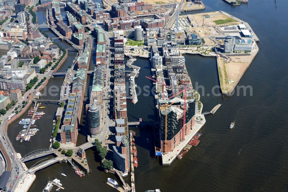 Aerial image Hamburg - District HafenCity on the banks of the North Elbe in the city in Hamburg in Germany