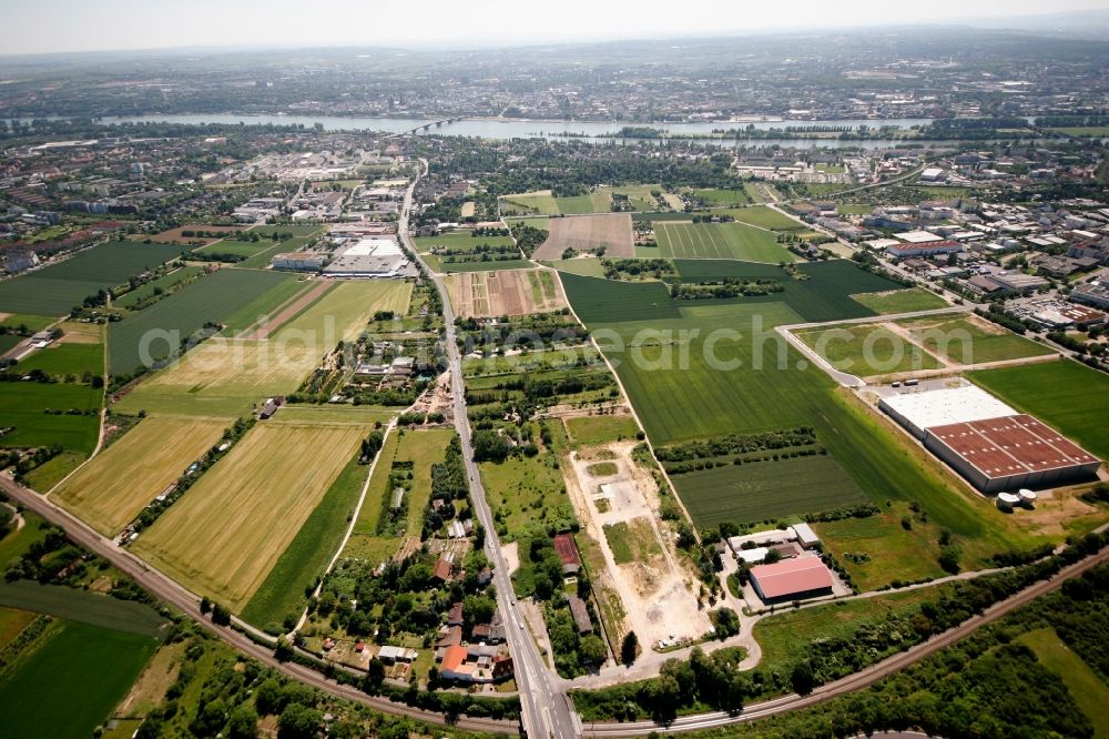 Aerial image Wiesbaden - The district Mainz-Kastel on the banks of the Rhine with agricultural land and residential and industrial areas in Wiesbaden in Hesse