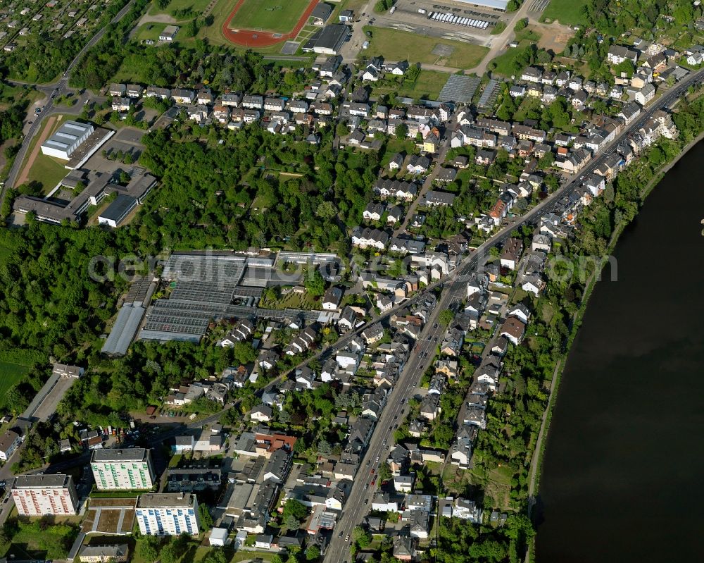 Aerial photograph Koblenz, Metternich - Metternich district on the river Moselle in the course of the city of Koblenz in Rhineland-Palatinate