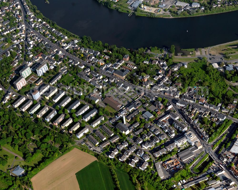 Koblenz, Metternich from above - Metternich district on the river Moselle in the course of the city of Koblenz in Rhineland-Palatinate