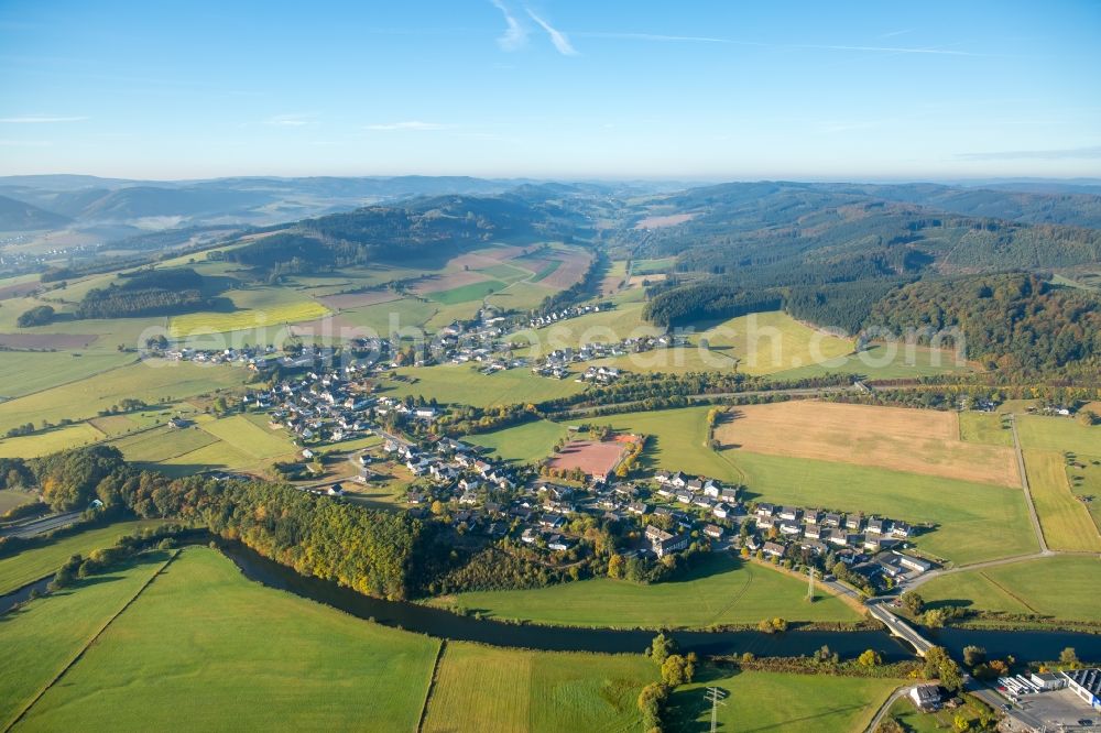 Meschede from above - District Olpe with motorway A46 in the city in Meschede in the state North Rhine-Westphalia