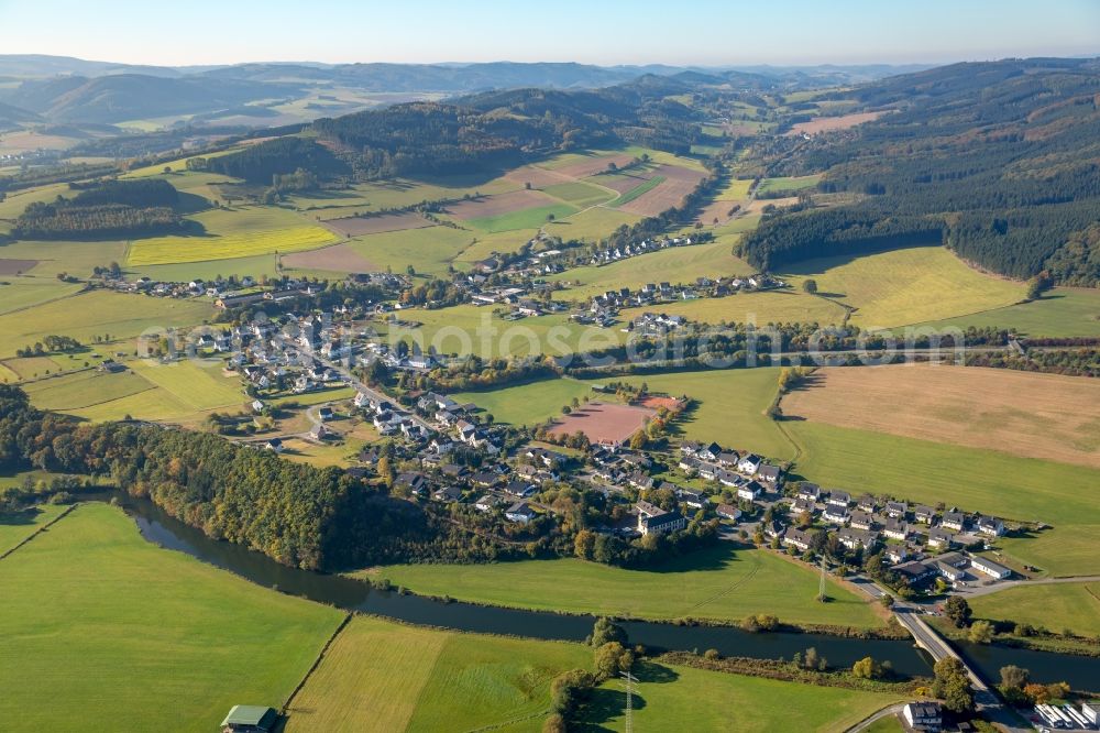 Meschede from above - District Olpe with motorway A46 in the city in Meschede in the state North Rhine-Westphalia