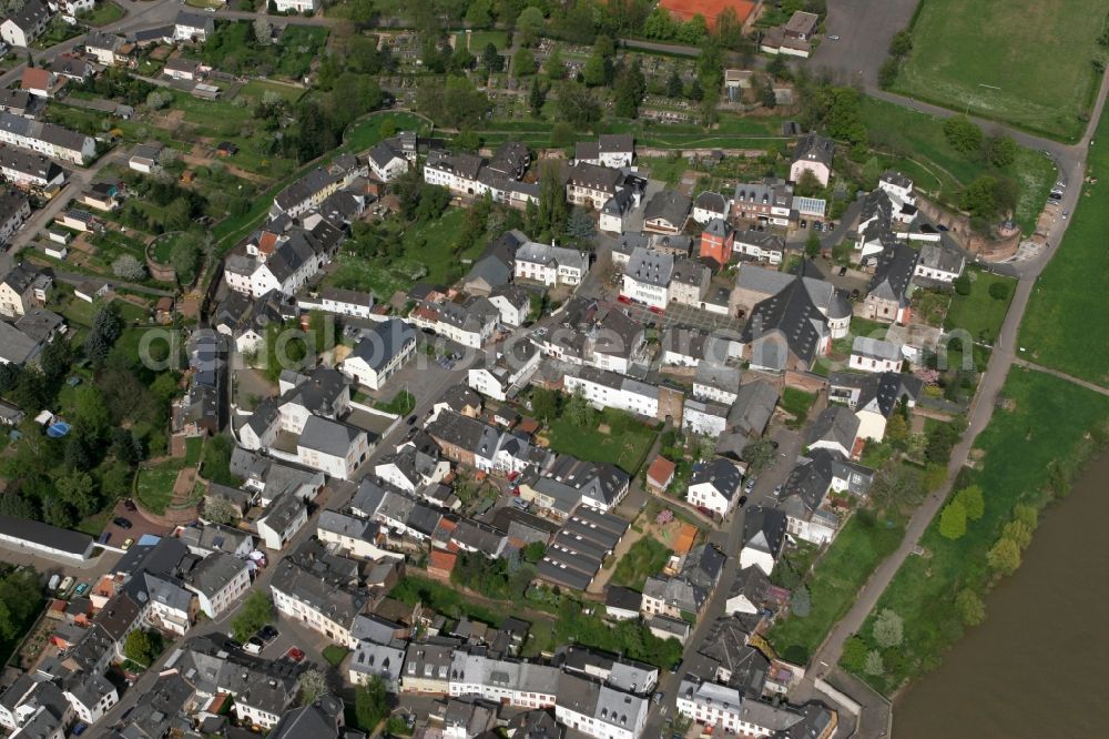 Trier from the bird's eye view: View of the historic town district Pfalzel. The district is situated on the banks of the Mosel area. The village is surrounded by an old castle wall. The district belongs to Trier in Rhineland-Palatinate