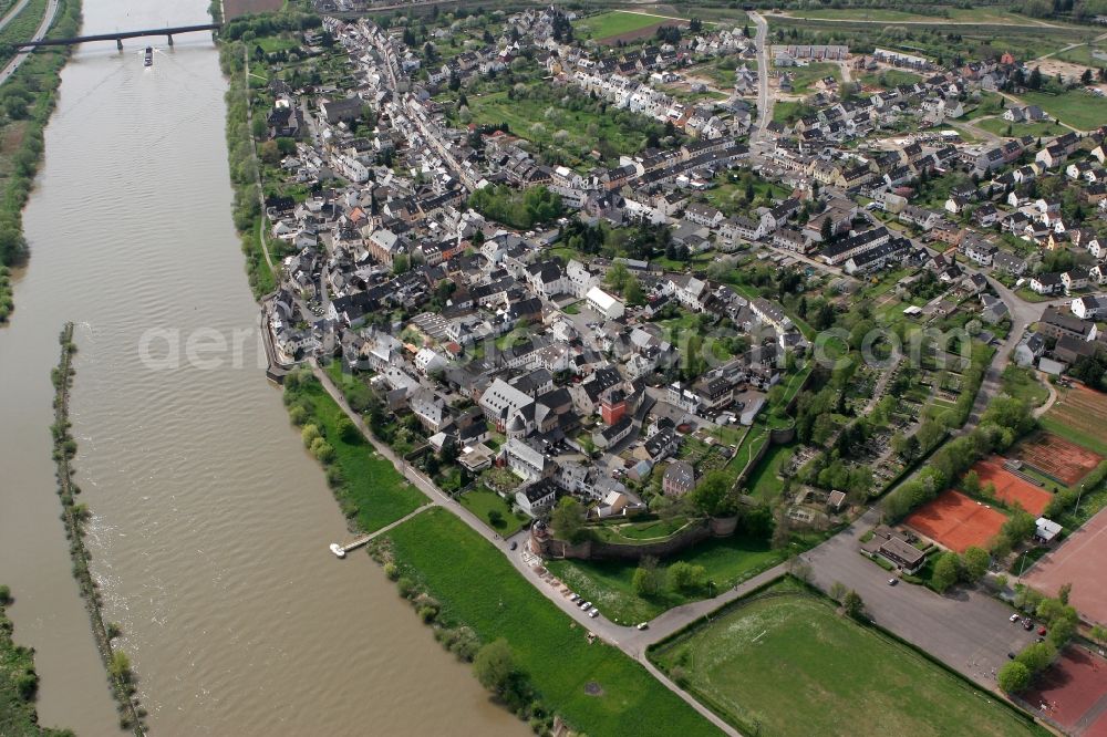 Trier from above - View of the historic town district Pfalzel. The district is situated on the banks of the Mosel area. The village is surrounded by an old castle wall. The district belongs to Trier in Rhineland-Palatinate